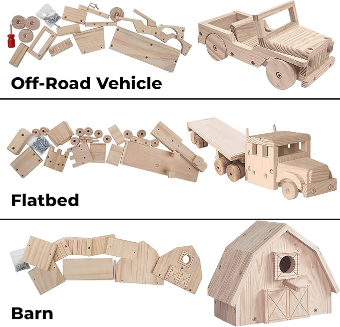 Kraftic Woodworking Building Kit for Kids and Adults, Set of 3 Educational DIY Carpentry Construction Wood Model Kit Toy Projects for Boys and Girls - Off-Road Vehicle, Flatbed Truck, Barn Birdhouse-VerdiqueGarden