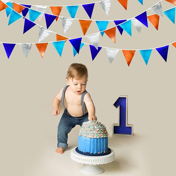 Orange Blue Silver Party Decorations Metallic Fabric Triangle Pennant Banner Flag Bunting Garland for Space Theme Birthday Wedding Bridal Shower Baby Shower Engagement Graduation Party Supplies-VerdiqueGarden