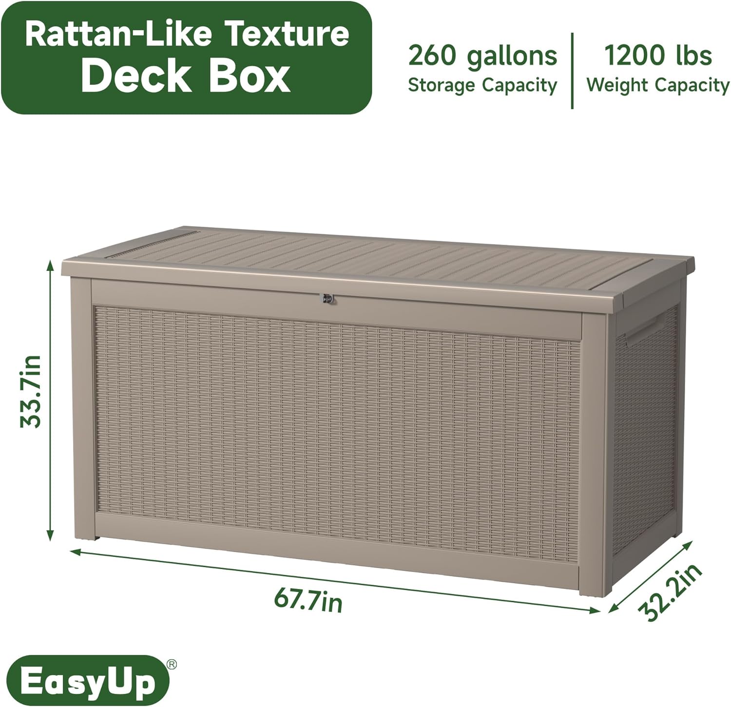 260 Gallon Outdoor Storage Box Waterproof, UV Resistant Resin Deck Box with Hydraulic Rod, Reinforced Stability for Patio, Garden, Rattan Gray-VerdiqueGarden