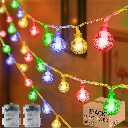2 Pack Globe String Lights Indoor Bedroom Battery Operated, 16.4ft 50LED Crystal Fairy Light IP44 Waterproof Outdoor Hanging Decorative Lights for Home Tent Patio Garden Party Decor-VerdiqueGarden