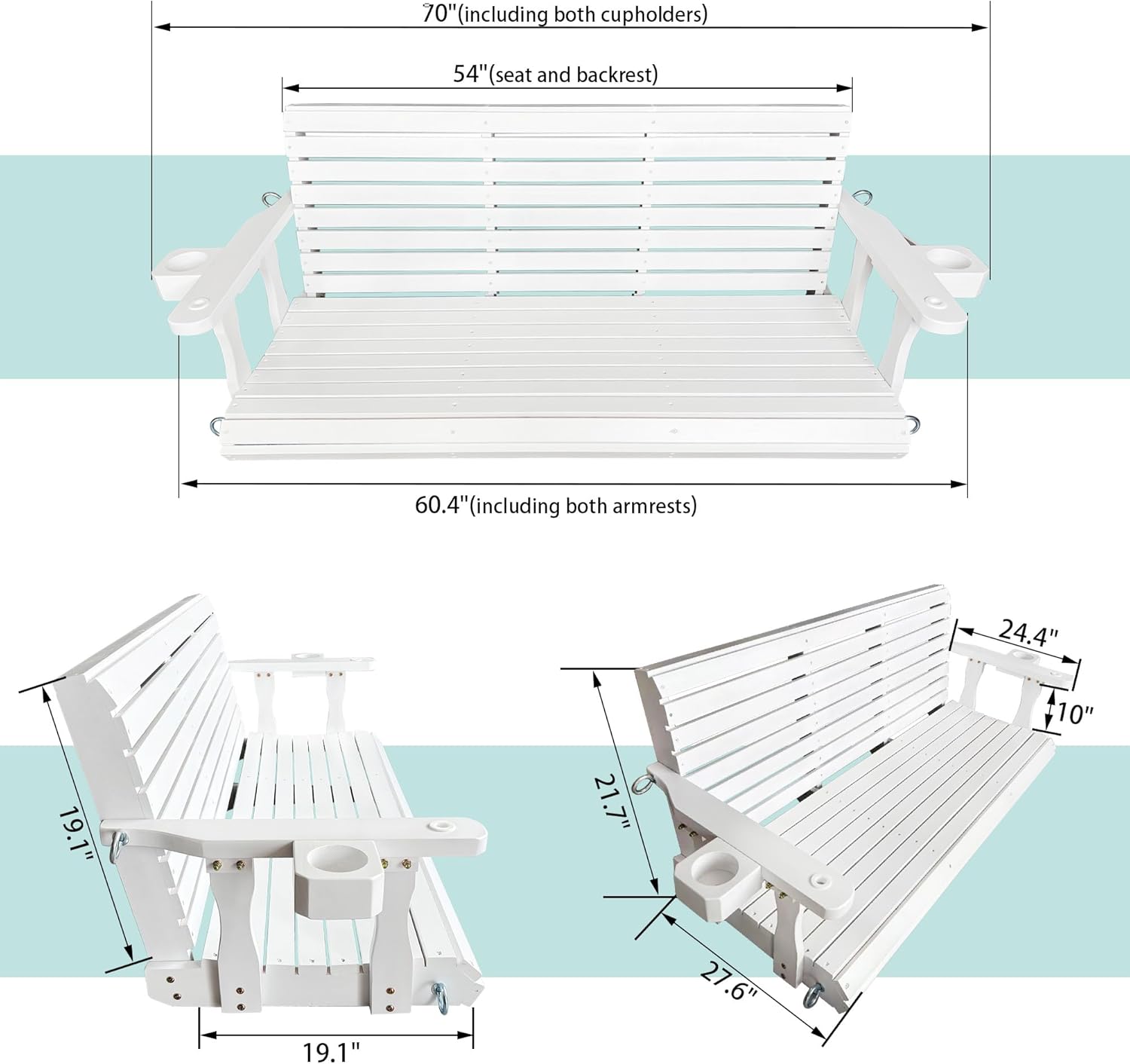 Wooden Porch Swing 3-Seater, High Backrest and Deep Seat, Bench Swing with Cupholders, Hanging Chains and 7mm Springs, Heavy Duty 880 LBS, for Outdoor Patio Garden (Pure White, 5 FT Extra Large)-VerdiqueGarden