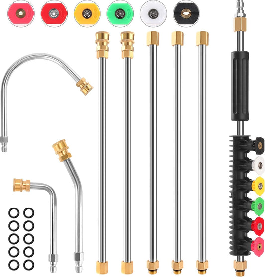 Gutter Cleaning Tools From the Ground, 9 Pack 8 FT Pressure Washer Extension Wand, Power Washer Lance With 6 Pressure Washer Spray Nozzle Tips, 30°, 90°, 120° Gutter Cleaner Curved Rod, 4000 PSI-VerdiqueGarden