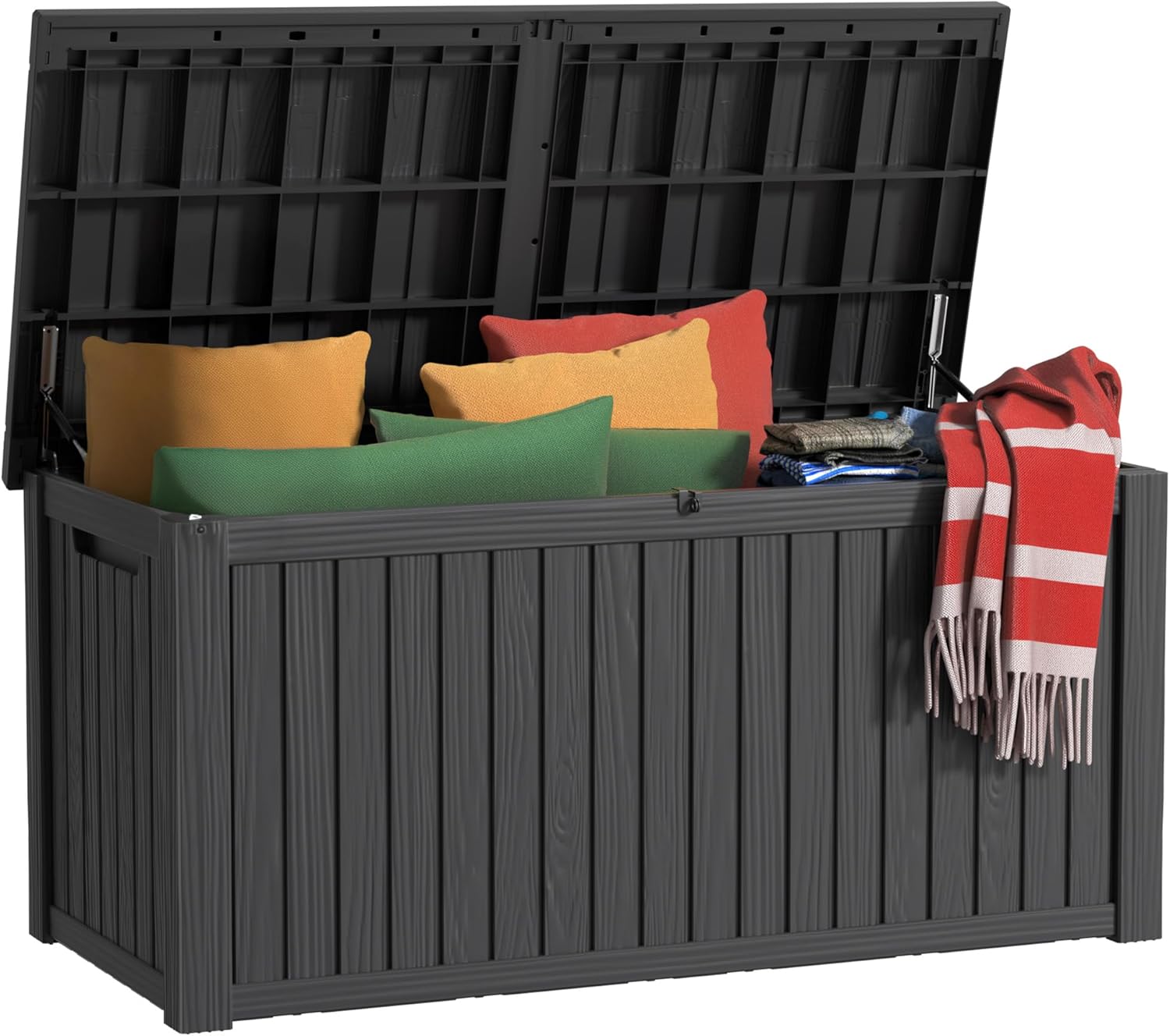 180 Gallon Outdoor Storage Box Waterproof, UV Resistant Resin Deck Box with Hydraulic Rod, Reinforced Stability for Patio, Garden, and Pool, Striped Black-VerdiqueGarden
