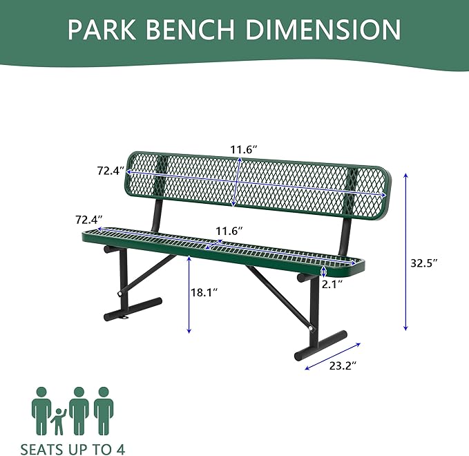 4/6/8 Feet Park Bench for Outside Heavy Duty Metal, Garden Benches Outdoor Bench with Backrest & Portable Frame, for Shopping Malls Stores Parks Patios Decks, Green-VerdiqueGarden