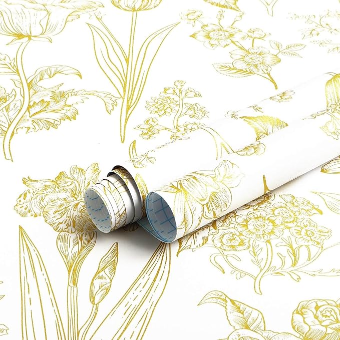 Dimoon 393"x17.3" Floral Wallpaper Peel and Stick Flowers Golden White Contact Paper Thicken Waterproof Modern Self Adhesive Plants Wallpaper Removable Wall Paper Shelf Vinyl Roll-VerdiqueGarden