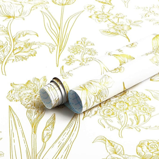 Dimoon 393"x17.3" Floral Wallpaper Peel and Stick Flowers Golden White Contact Paper Thicken Waterproof Modern Self Adhesive Plants Wallpaper Removable Wall Paper Shelf Vinyl Roll-VerdiqueGarden