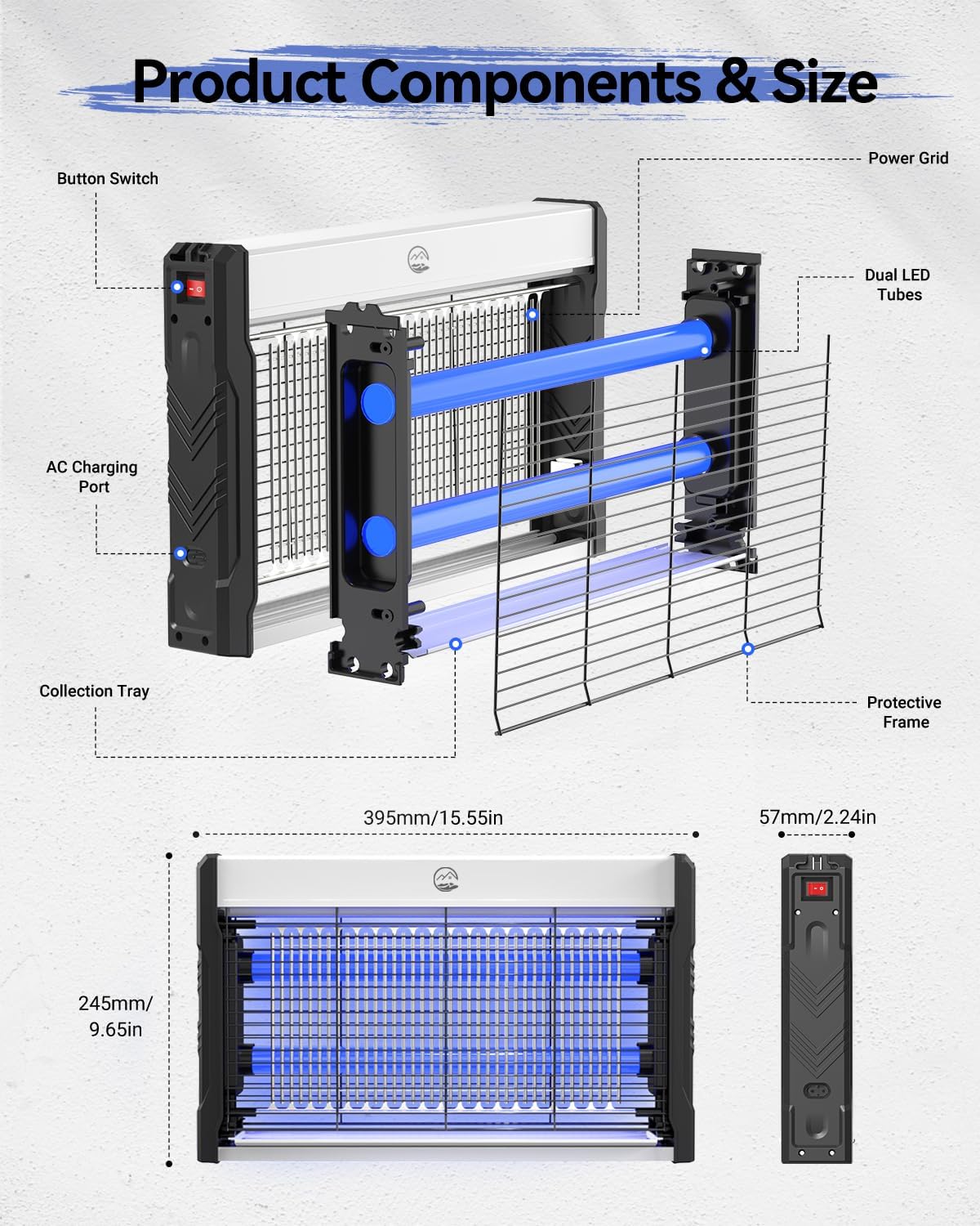 Electric Bug Zapper, 3000V High-Voltage Indoor Fly Killer, Powerful Electric Mosquito Zapper for Fly, Mosquito, Fruit, Moth, Gnat, Trap with Removable Washable Tray for Home Patio Backyard-VerdiqueGarden