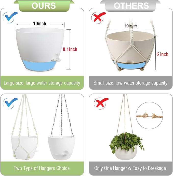 10 inch Self Watering Hanging Planters, 2 Pack Hanging Flower Pots for Indoor Outdoor Plants, Hanging Baskets with Drainage Holes & 2 Kinds of Plant Hangers for Garden Home Decor, White-VerdiqueGarden