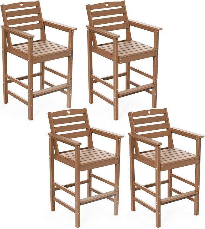 Tall Adirondack Chairs Set of 4, HDPE Wood Balcony Adirondack Chairs Set with Heart Cutout Design, Weather-Resistant Bar Height Furniture for Deck, Porch, Pool (Teak)-VerdiqueGarden