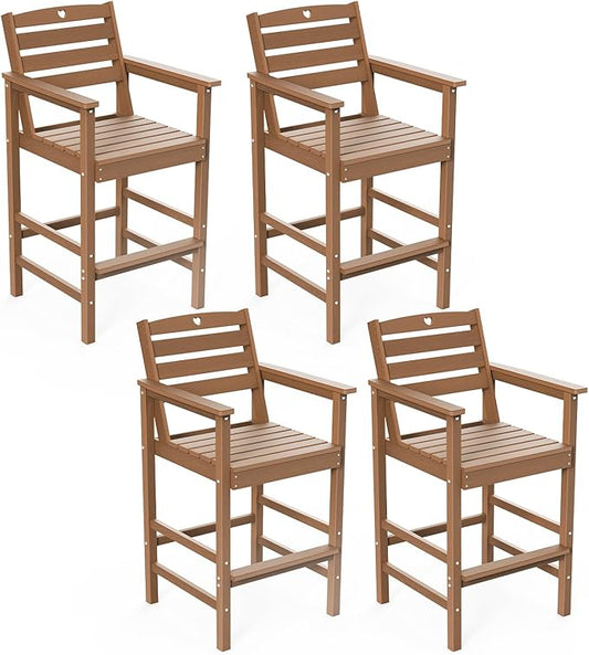 Tall Adirondack Chairs Set of 4, HDPE Wood Balcony Adirondack Chairs Set with Heart Cutout Design, Weather-Resistant Bar Height Furniture for Deck, Porch, Pool (Teak)-VerdiqueGarden