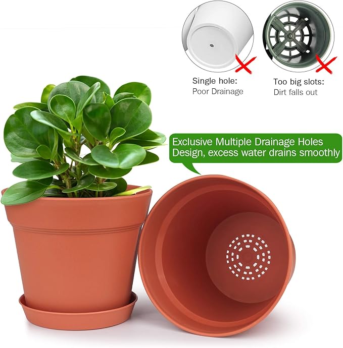Homenote Pots for Plants, 15 Pack 6 Inch Plastic Planters with Multiple Drainage Holes and Tray - Plant Pots for All Home Garden Flowers Succulents (Terra Cotta)-VerdiqueGarden