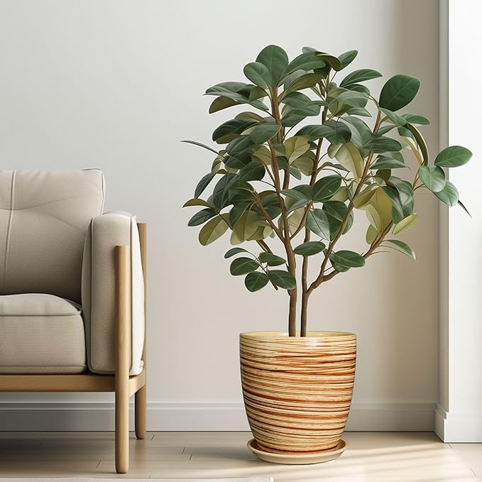 10 Inch Plant Pot Ceramic Pots for Plants with Drainage Hole and Saucer Round Flower Pot for Home Patio Garden Office Yellow-VerdiqueGarden