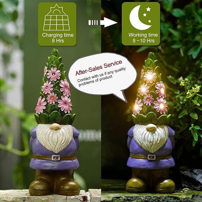 Nacome Solar Garden Outdoor Statues Gnome with Succulent and 7 LED Lights - Lawn Decor for Patio, Balcony, Yard Ornament - Unique Housewarming Gifts-VerdiqueGarden