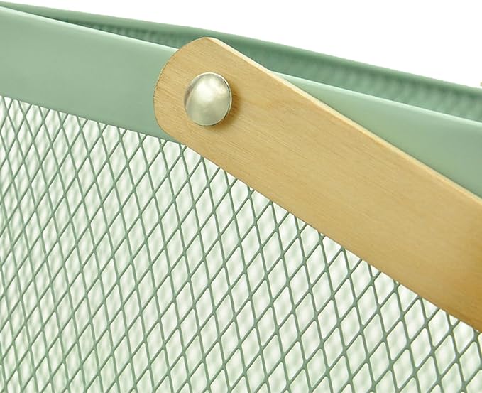 Metal Mesh Steel Basket, Storage Organizer Basket Multi-functional Hanging Kitchen Basket Fruit Basket Bin with Bamboo Handle, 9.84 x 10.2 x 7 inch, Mint Green-VerdiqueGarden