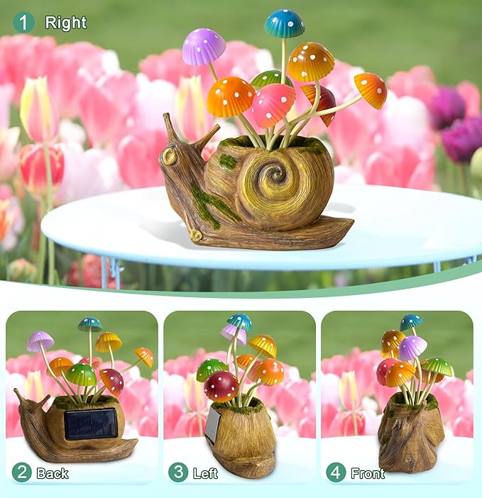 Solar Lights Outdoor Garden Statue,Cute Snails Figurines with Mushroom LED Solar Lights Fairy Garden Accessories,Birthday Gifts for Women Mom Gardening for Patio,Yard Art,Lawn Ornament,Porch,Backyard-VerdiqueGarden