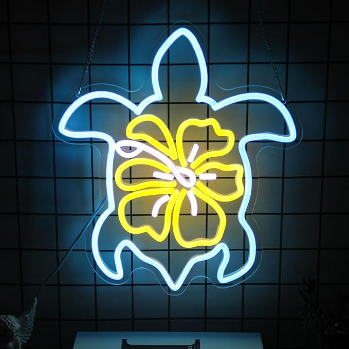 Sea Turtle Hibiscus Neon Signs for Wall Decor Blue Turtle Neon Light Yellow Flower LED Neon Wall Sign Ocean Neon Light Up Sign for Bedroom Living Room Office Decor Sea Turtle Gifts-VerdiqueGarden