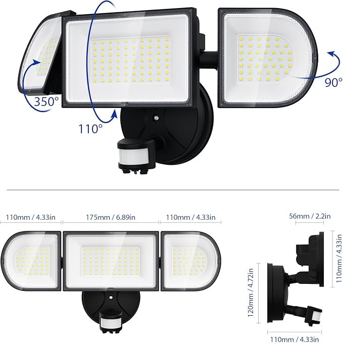 iMaihom 100W Motion Sensor Light Outdoor, 9000LM 6500K LED Security Floodlights, 3 Adjustable Head Motion Detection Light IP65 Waterproof for Yard Garage (Black)-VerdiqueGarden