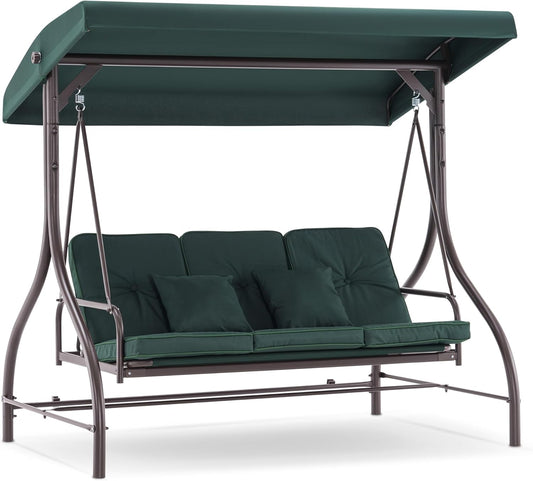 MCombo 3-Seat Outdoor Patio Swing Chair, 2-in-1 Convertible Porch Swing Glider Chair with Removable Cushions, Adjustable Canopy & Pillows for Backyard, Deck, Garden, 4068 (Green)-VerdiqueGarden