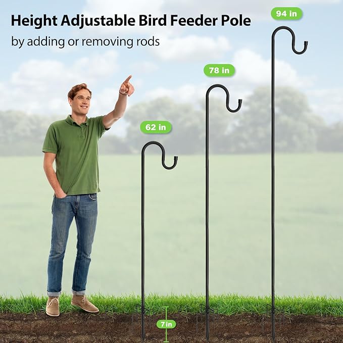Shepherds Hooks, 94" Bird Feeder Pole for Outdoor, 4/5” Thick Hummingbird Feeders Stand Heavy Duty, Hanging Plant Hanger Stake with 5-Prong Base, Metal Shepard Stick-VerdiqueGarden