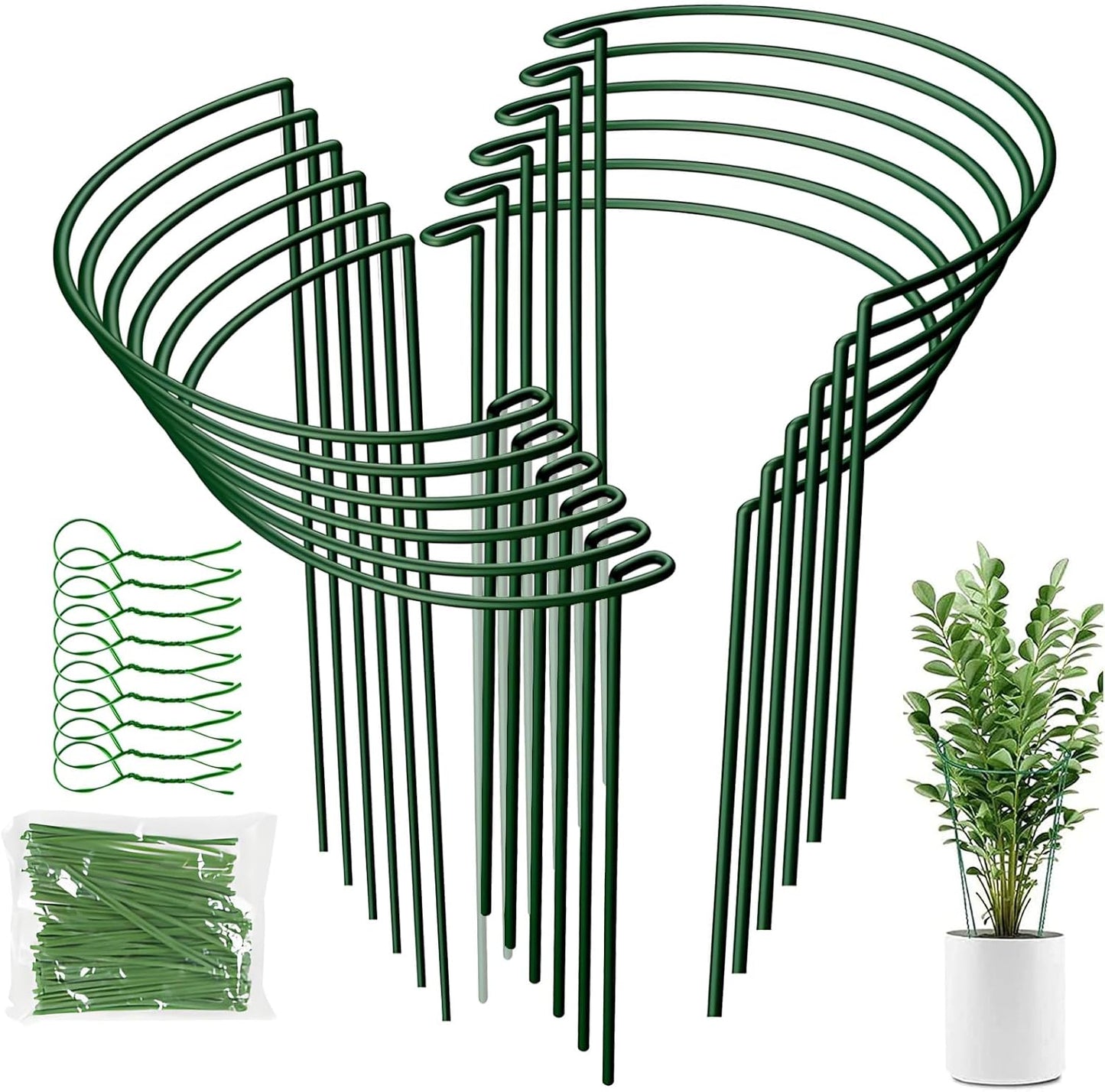 LINGHUI 12 Pack Plant Support Stakes, 10" Wide x 16" High,Heavy-Duty Half Round Peony Support Ring and Cage for Indoor and Outdoor Plants, Peony, Tomato, Hydrangea, Rose(100 Plant Ties)-VerdiqueGarden