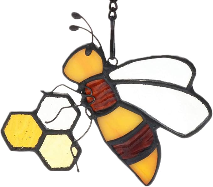 Bee On Honeycomb Stained Glass Window Hangings, Bee Suncatcher Garden Bee Decor Bee Gift for Mom Women-VerdiqueGarden