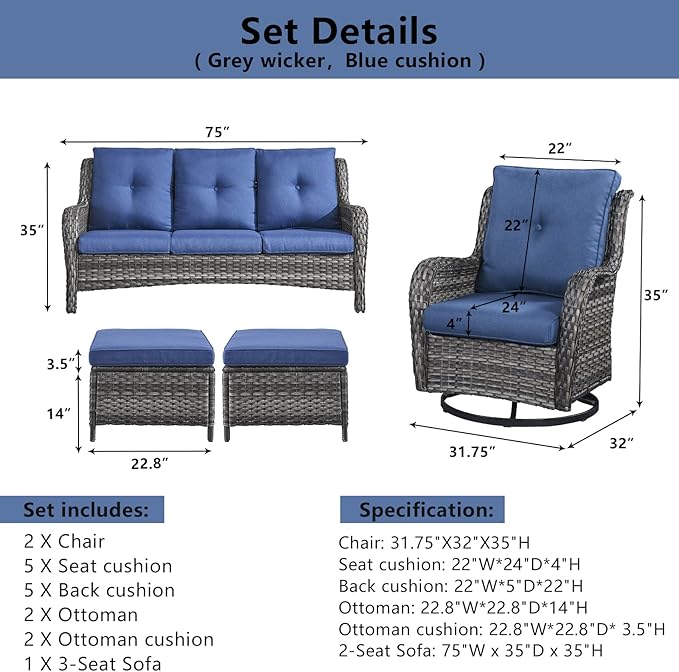 5 Piece Outdoor Patio Furniture Set - Wicker Furniture Patio Conversation Set, Outdoor Swivel Rocker Chairs with 3-Seater Sofa and 2 Ottomans for Small Space, Blue Cushion-VerdiqueGarden