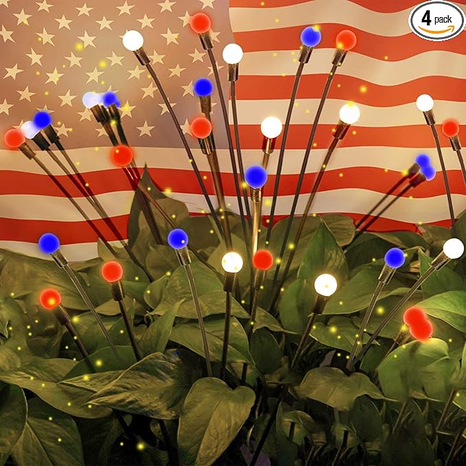 OZS 4pack Solar American Flag Lights - 4th of July Solar Garden Outdoor Waterproof Firefly Light for Memory Day, Independence Day, National Day Decoration (Red White Blue)-VerdiqueGarden