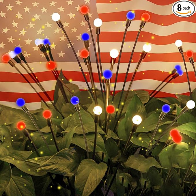 OZS 8pack Solar American Flag Lights - 4th of July Solar Garden LED Outdoor Waterproof Firefly Light for Memory Day, Independence Day, National Day Decoration (Red White Blue)-VerdiqueGarden