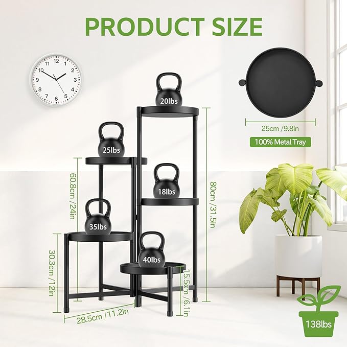 iDavosic.ly 5 Tier Large Plant Stand Indoor with 10 Inch Wide Tray, Tiered Corner Metal Outdoor Flower Display Holder Shelf, Folding Tall Rack for Patio Porch Living Room, Modern Black-VerdiqueGarden