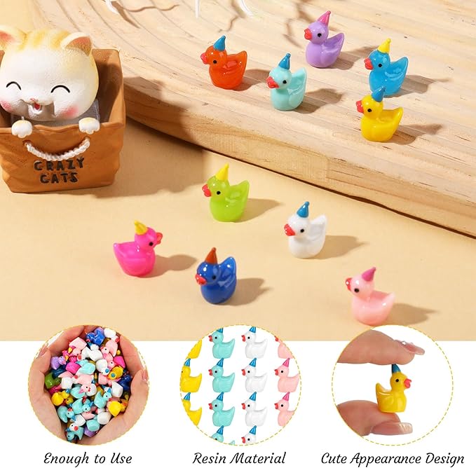 100 Pack Mini Resin Ducks, Multicolor Mini Ducks Wearing Party Hat, Tiny Duck Miniature Duck Figures Tiny Home Ornament for Micro Landscape Dollhouse Garden Aquarium Potted School Office-VerdiqueGarden