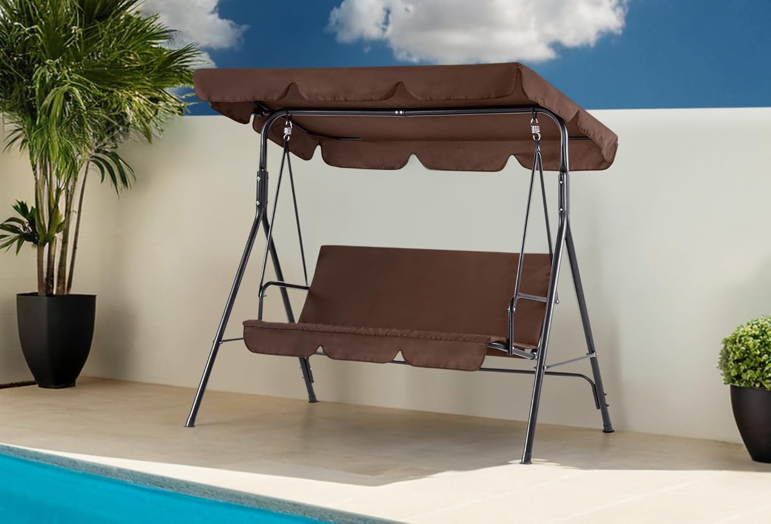 MCombo 2-3 Person Outdoor Patio Swing Chair, Convertible Canopy Hanging Swing Glider Lounge Chair, Removable Cushions, 4003 (Brown)-VerdiqueGarden