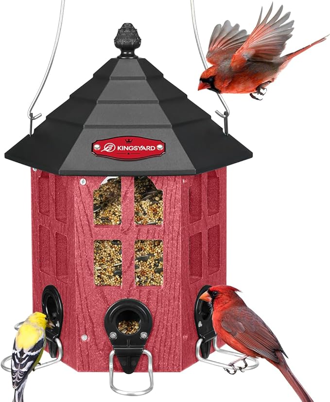 Kingsyard Wild Bird Feeder for Outdoor Hanging, Recycled Plastic Bird Feeders with 6 Ports & U-Shape Perch, Garden Yard Outside Decoration, 3.5 lbs Seed Capacity, Red-VerdiqueGarden