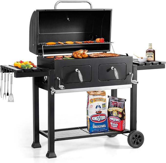 GREEN PARTY Barrel Charcoal Grill with Side Tables, 794 Square Inches Cooking Space, Large Charcoal BBQ Grill with 2 Height-Adjustable Charcoal Pans for Outdoor Backyard Patio Picnic Parties Camping-VerdiqueGarden