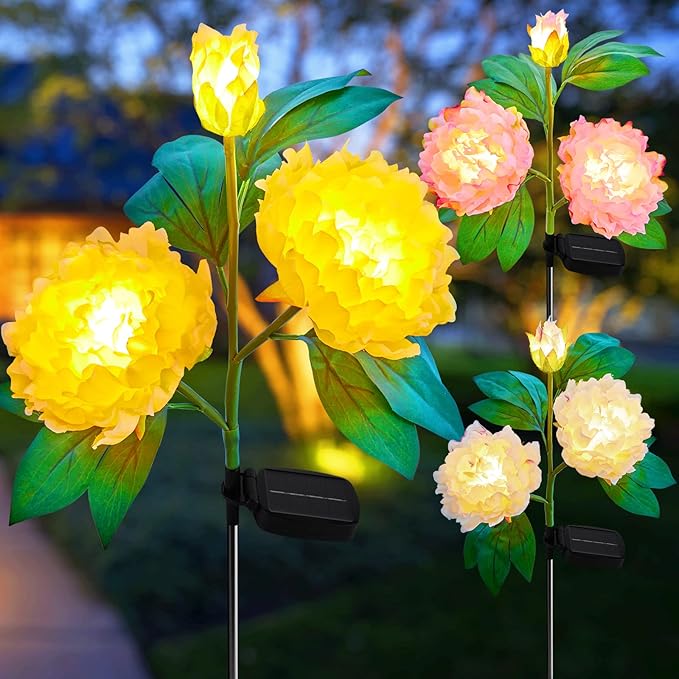 Outdoor Solar Flower Lights - 3 Pack Solar Garden Lights with Larger & More Realistic Peony, Bigger Solar Panel, Waterproof LED Solar Lights Outdoor for Yard Garden Lawn Pathway Decoration-VerdiqueGarden