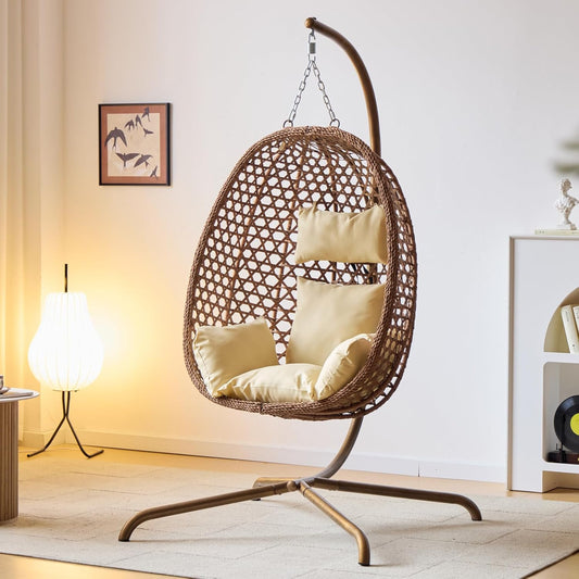 Indoor Hanging Chair with Stand for Bedroom, Hexagon Rattan Wicker Swing Egg Chair for Bedroom Porch Garden Patio Outdoor, Hammock Egg Swing Chair with Cushion,350LBS Capacity (Beige)-VerdiqueGarden