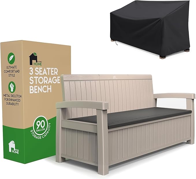 EconoHome 3 Seat Outdoor Storage Bench with Rain Cover - 90 Gallon Capacity - Weatherproof Resin Bench for Patio, Porch, Garden, Yard, Pool Area - Furniture for Pool Accessories, Gardening Tools-VerdiqueGarden