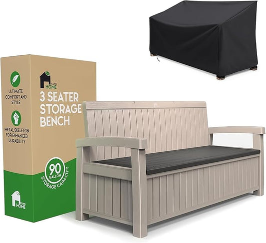 EconoHome 3 Seat Outdoor Storage Bench with Rain Cover - 90 Gallon Capacity - Weatherproof Resin Bench for Patio, Porch, Garden, Yard, Pool Area - Furniture for Pool Accessories, Gardening Tools-VerdiqueGarden