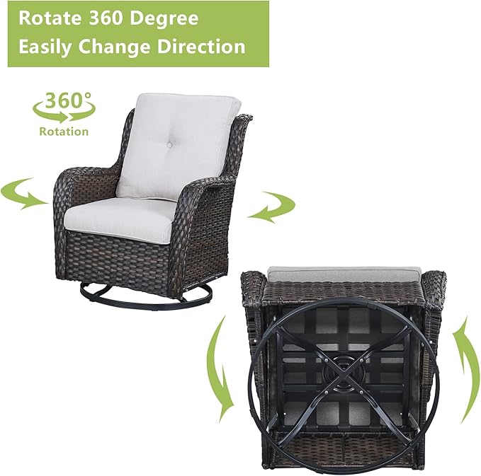 Outdoor Wicker Patio Furniture Set - 5 Pieces Rattan Patio Conversation Set with 2 Rocking Swivel Chairs,2 Ottomans and 1 Side Table for Porch Deck Backyard Garden(Brown/Beige)-VerdiqueGarden