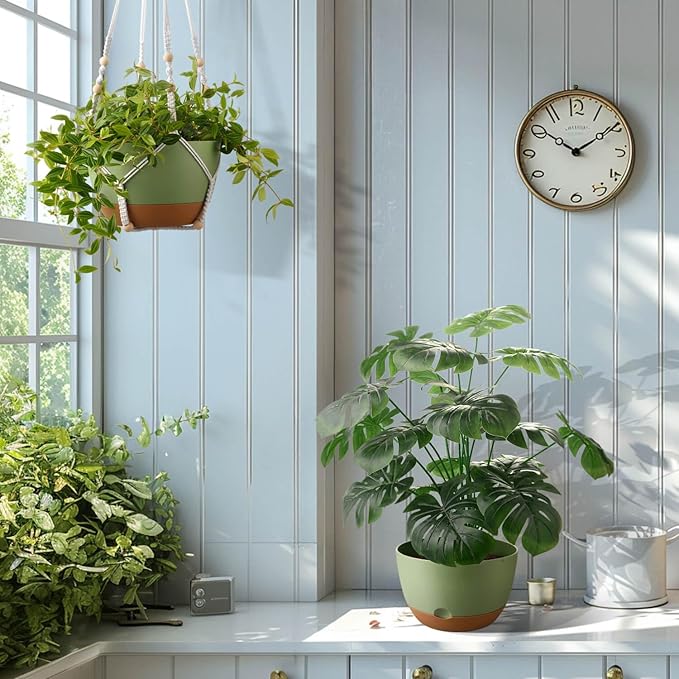 10 Inch Hanging Planters for Indoor Plants,Set of 2 Hanging Pots for Plants with Self-Watering, Outdoor Hanging Plant Pot with Drainage and 2 Kinds of Hanging Baskets Hangers for Home Decor and Garden-VerdiqueGarden