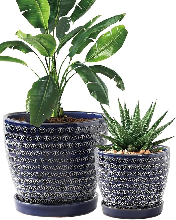 Plant Pots, Flower Pots, Planters for Indoor Plants(6.5+5.5inch), Flower Pots for Indoor Plants with Drainage Hole and Saucer, Ceramic Pots for Plants with Hole Mesh Pad,Reactive Glaze Blue-VerdiqueGarden
