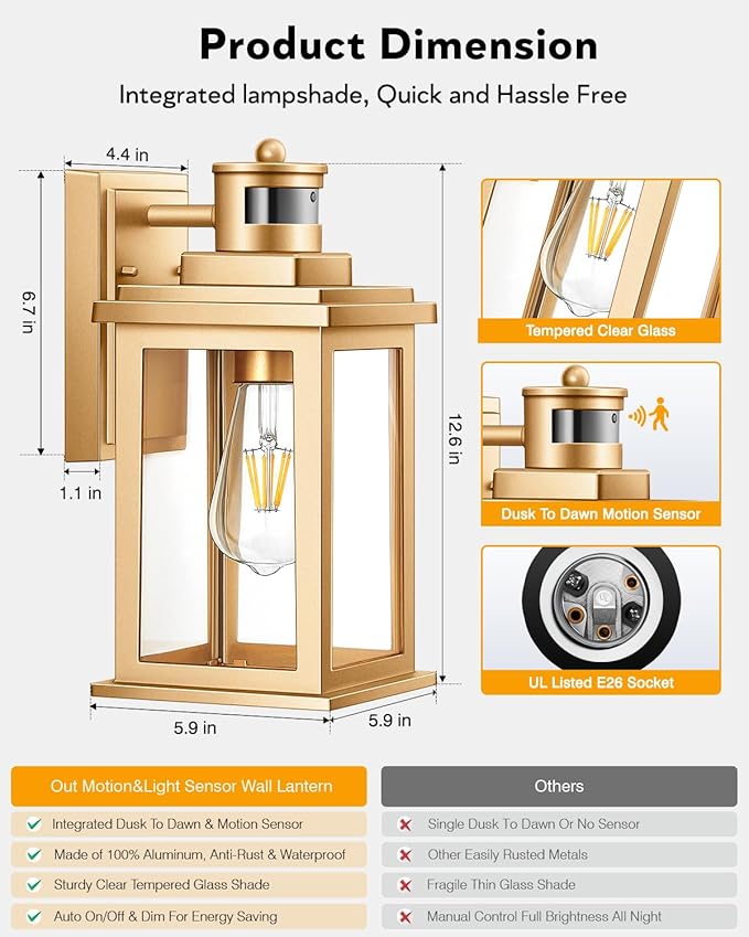 VIANIS Motion Sensor Outdoor Wall Lights Sconce, 2 Pack Dusk to Dawn Outdoor Light Fixture, Gold Waterproof Outdoor Motion Sensor Light for House, Doorway, Entryway, Garden,Hardwired, Non-Solar-VerdiqueGarden