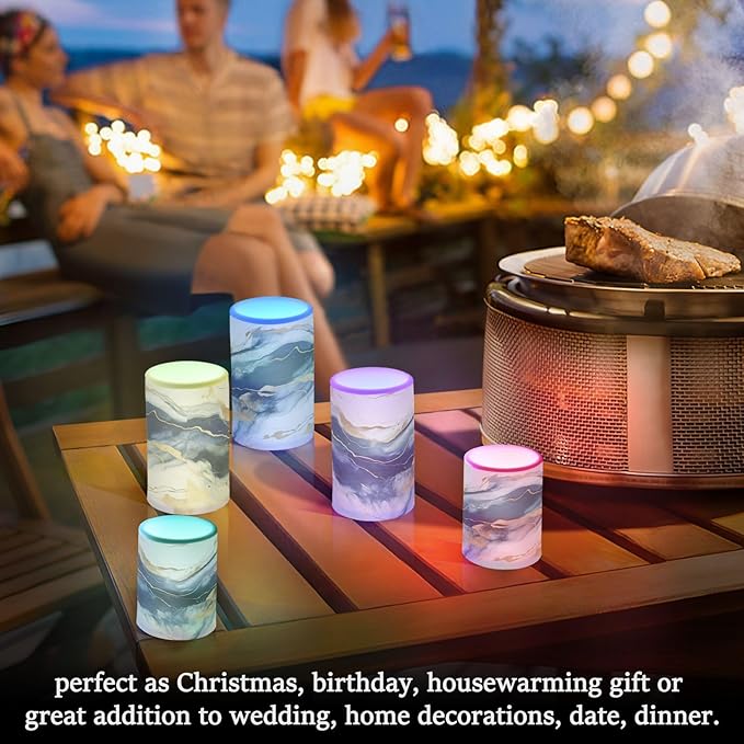 Flickering Flameless Candles, Drak Blue Golden Marble LED Candles with Remote Timer, Set of 2 Battery Operated Candle for Valentine Wedding Birthday-VerdiqueGarden