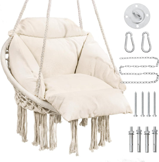 Macrame Hammock Hanging Swinging Chair with Oversized Cushion, Perfect for Bedroom, Porch, Kids, Adults, Balcony, Beige-VerdiqueGarden