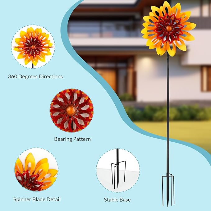 Sunflower Wind Spinners, 360 Degrees Swivel Metal Wind Sculptures, 62" Garden Pinwheels for Yard Lawn Patio Decor-VerdiqueGarden