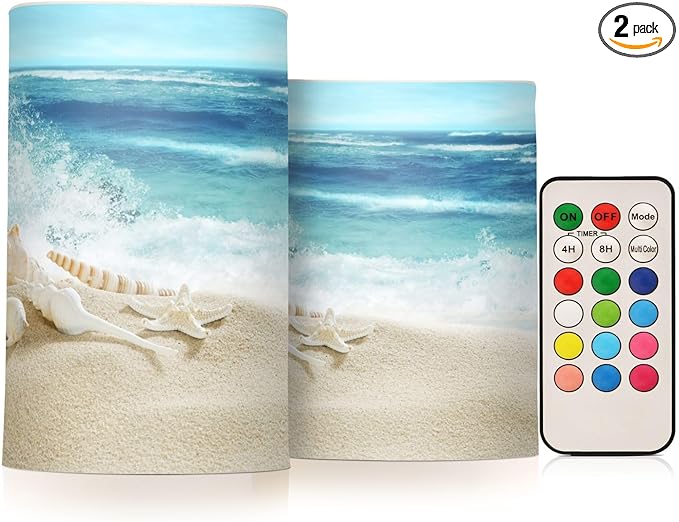 Flickering Flameless Candles, Shells Summer Sandy Beach LED Candles with Remote Timer, Set of 2 Battery Operated Candle for Valentine Wedding Birthday-VerdiqueGarden
