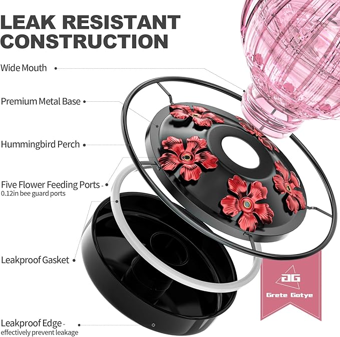 2 Pack Glass Hummingbird Feeder for Outdoors Hanging, Bird Nectar Feeder with Perch & 5 Flower Feeding Ports, 26 Oz Leak Proof for Outside Garden Decor Backyard, Gifts for Women Mom, Red & Pink-VerdiqueGarden