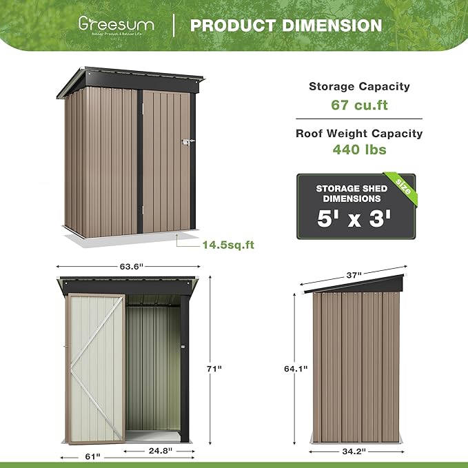 Greesum Outdoor Storage Shed 5 x 3 ft. Utility Tool Shed Metal Storage Garden Shed with Door & Lock for Patio Storage, Brown-VerdiqueGarden