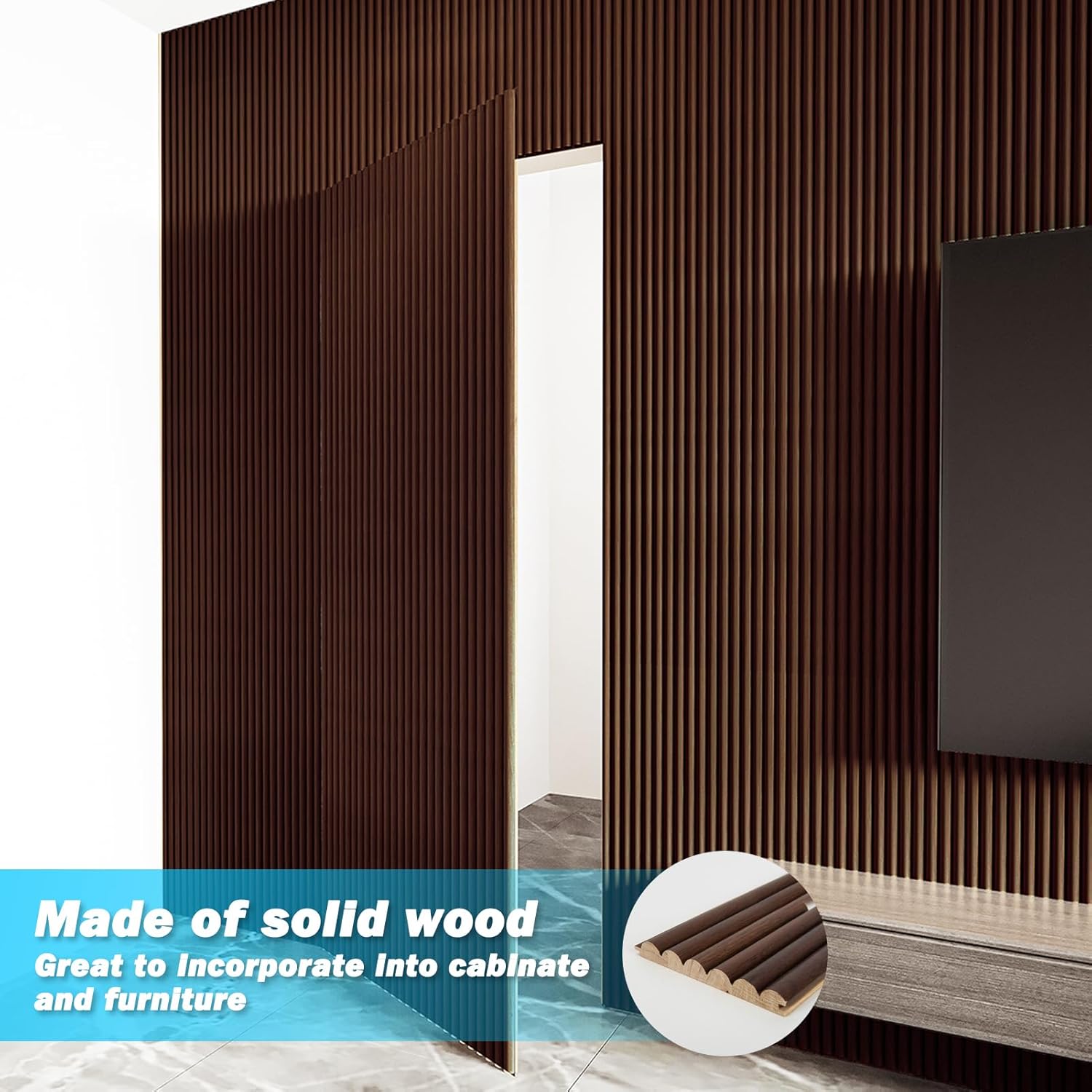 Art3d Fluted Wood Panel for Wall and Ceiling, Beaded Accent molding for Home Decoration, Pack of 4pcs + 1pc End-Trim, Size 108 x 5.7in.- Beaded Walnut-VerdiqueGarden