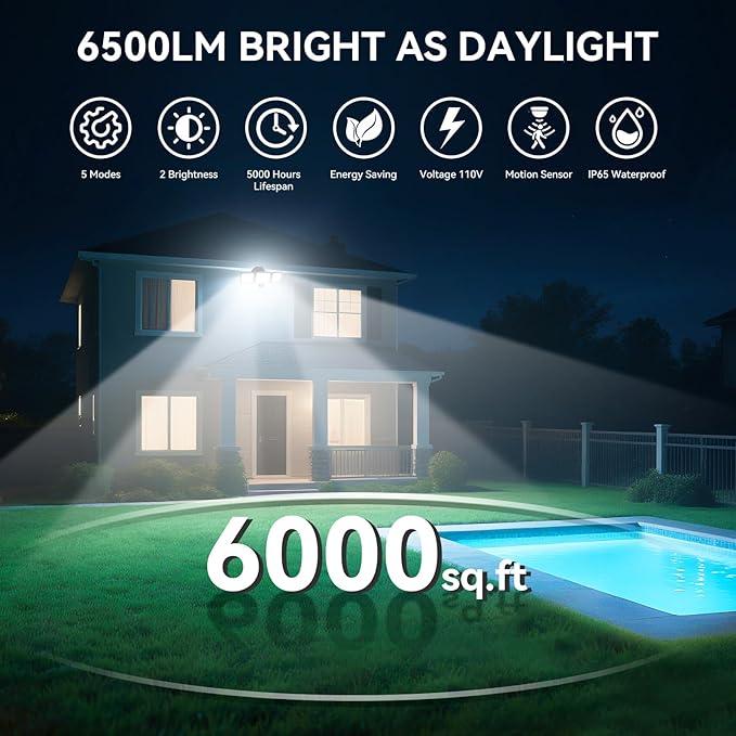 65W LED Flood Lights Outdoor, 6500LM, Waterproof, 6500K Motion Sensor Flood Lights Outdoor with Adjustable 3 Head Detected Floodlight for Outside Entryway Garage, Yard, Porch, 2Pack-VerdiqueGarden