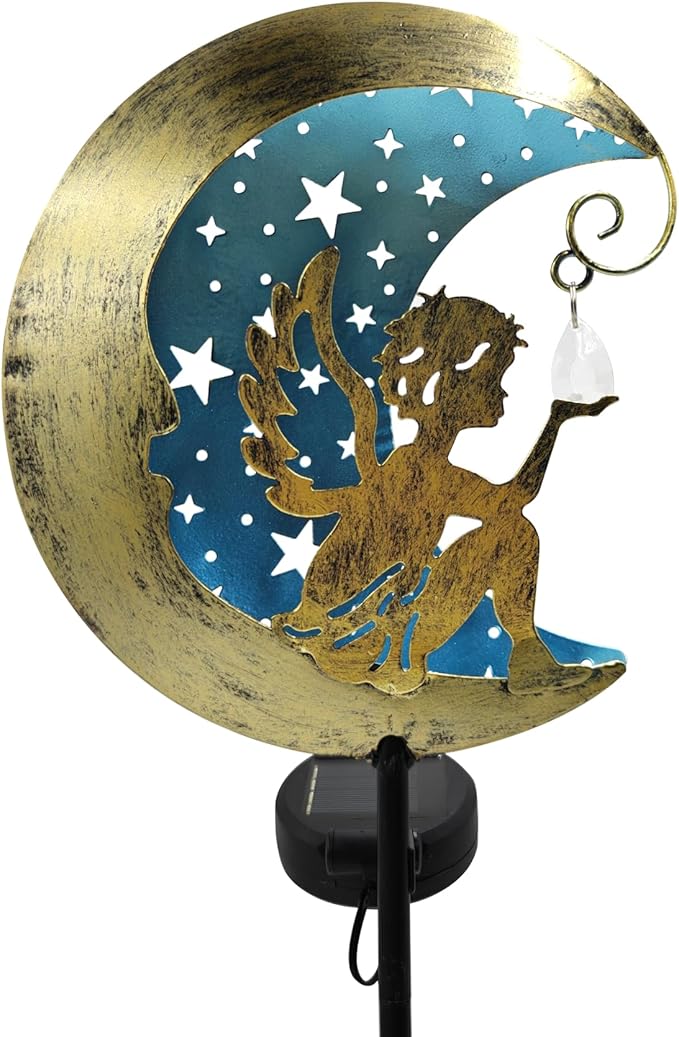 Solar Angel Moon Garden Stake Light – Outdoor Metal Yard Decoration with Crystal Pendant, Waterproof LED Light for Patio, Pathway, Lawn – Rustic Gold & Blue-VerdiqueGarden